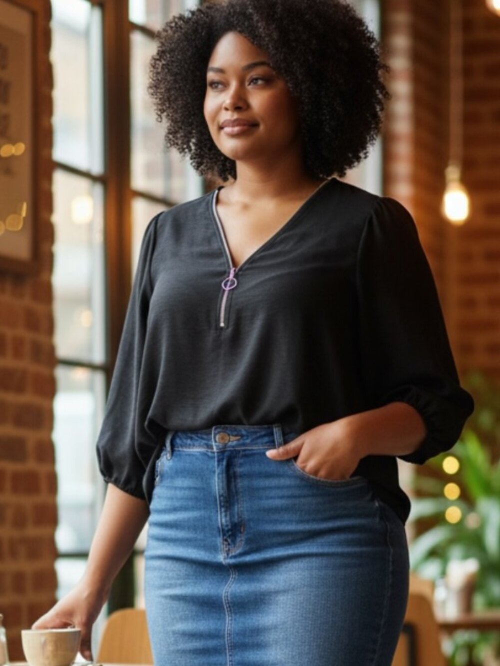 Black Blouse Zip Front Ring Pull Top 3/4 Sleeve Minimalist Chic Size XL